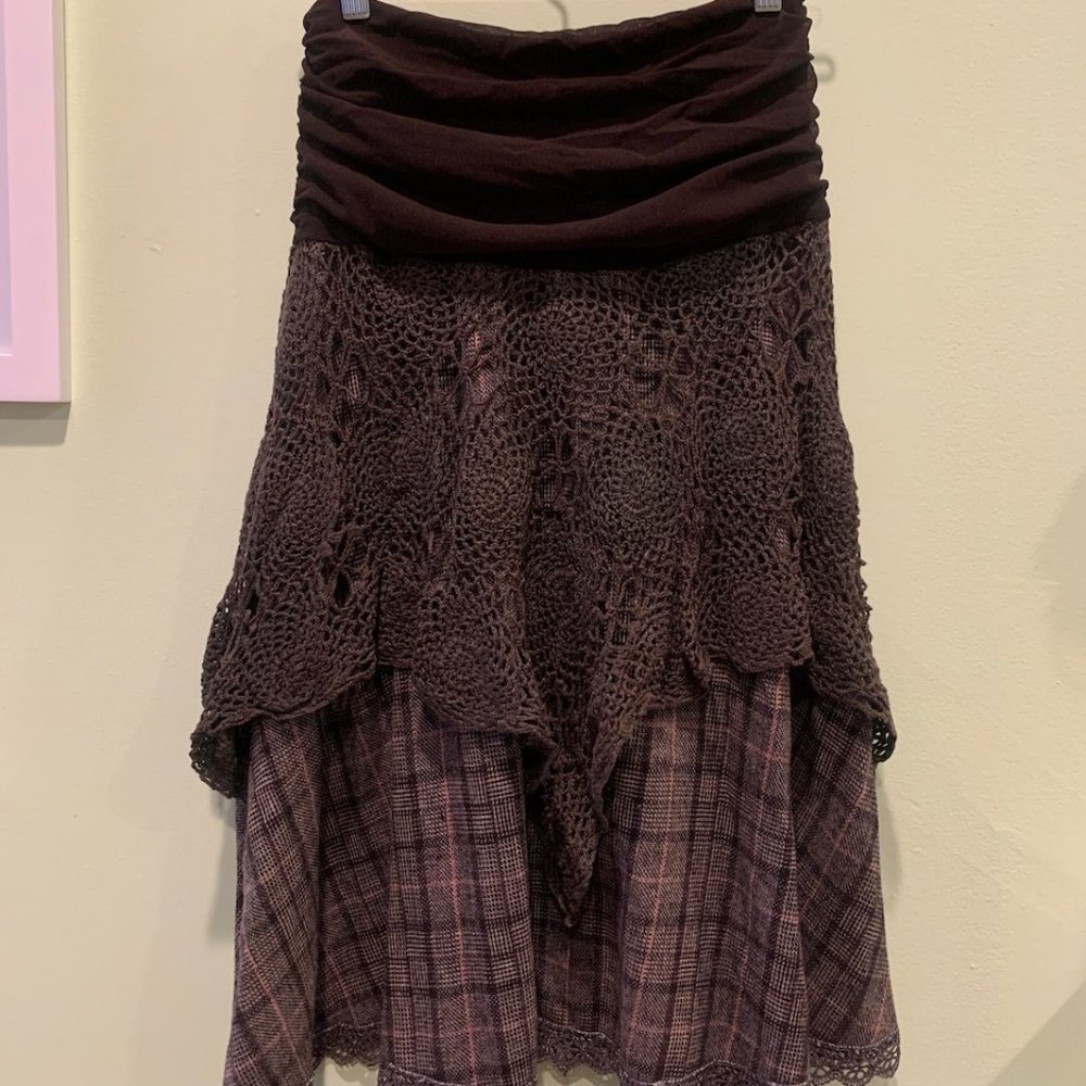 brown wool plaid tartan crochet layered skirt size small